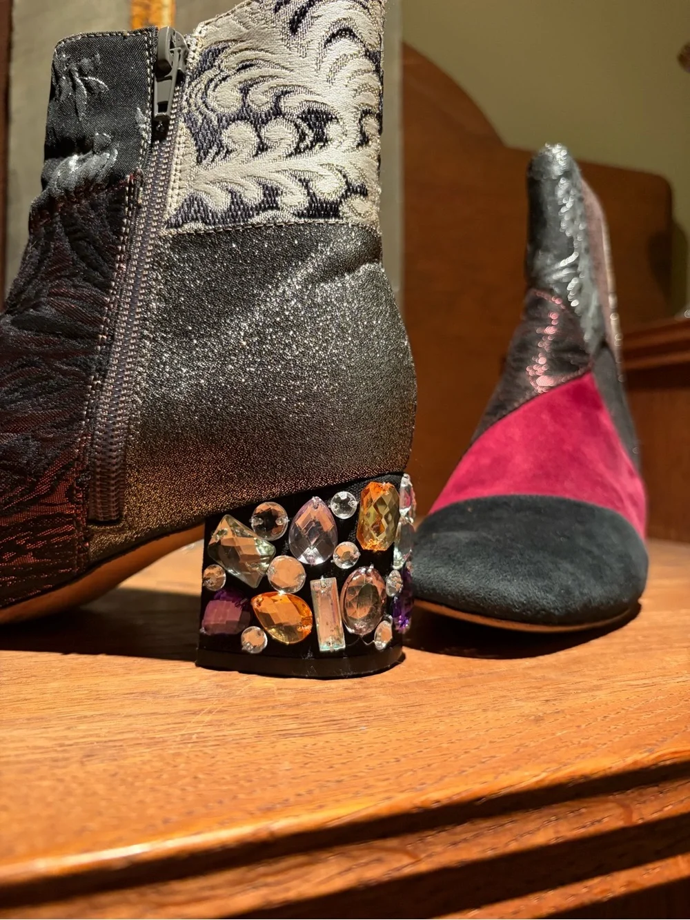 Anthro Bettye Muller Suede, Metallic Brocade and Rhinestone Heeled Booties